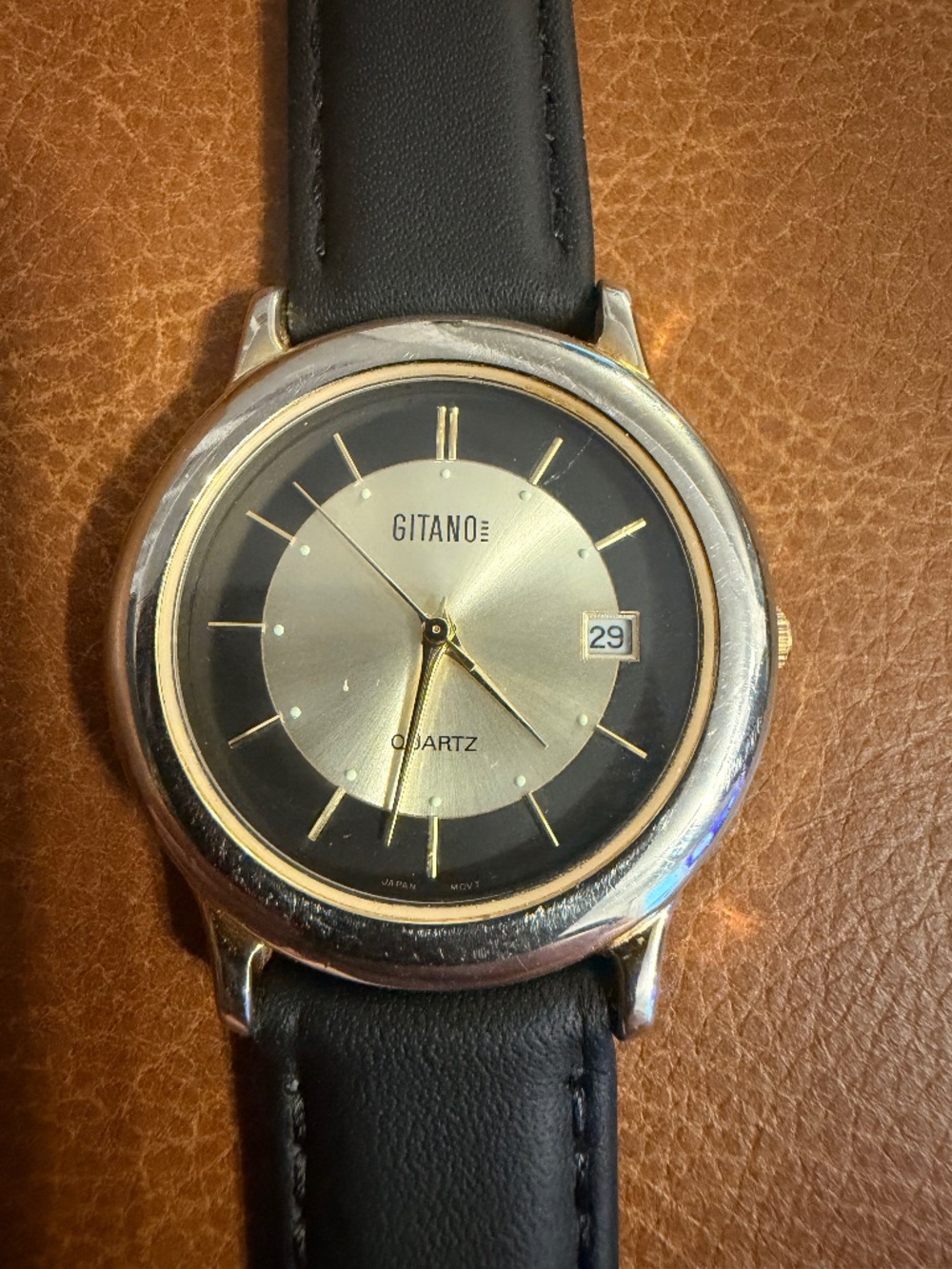 Vintage Gitano Two-Tone Quartz Watch w/ Date & New Leather Band